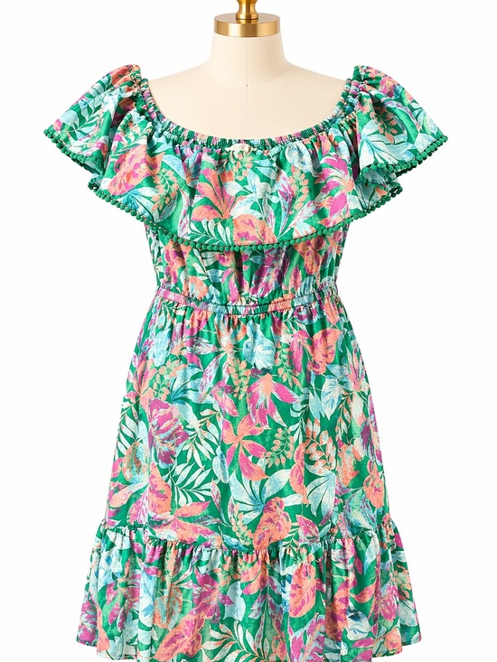 Terra & Sky Dresses & Skirts - Terra & Sky Green Tropical Print Off-Shoulder Dress with Pink Accents